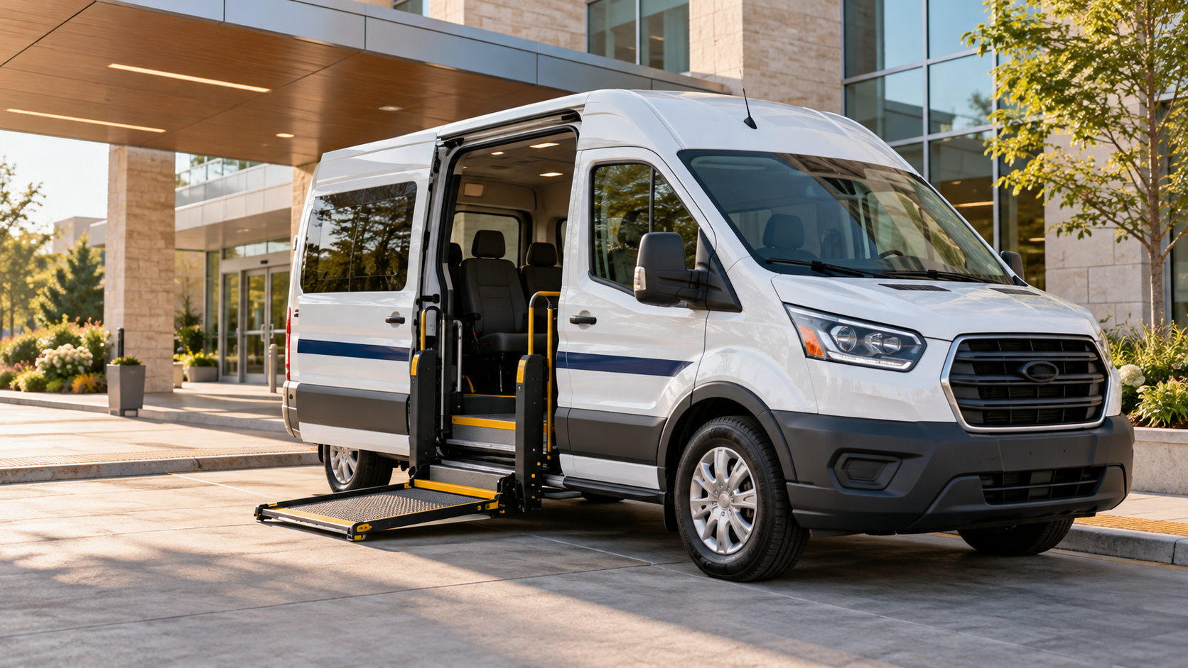 Illustrative accessible passenger van outside a modern healthcare facility